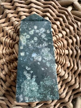 Polished Moss Agate Point - Green Crystal Tower